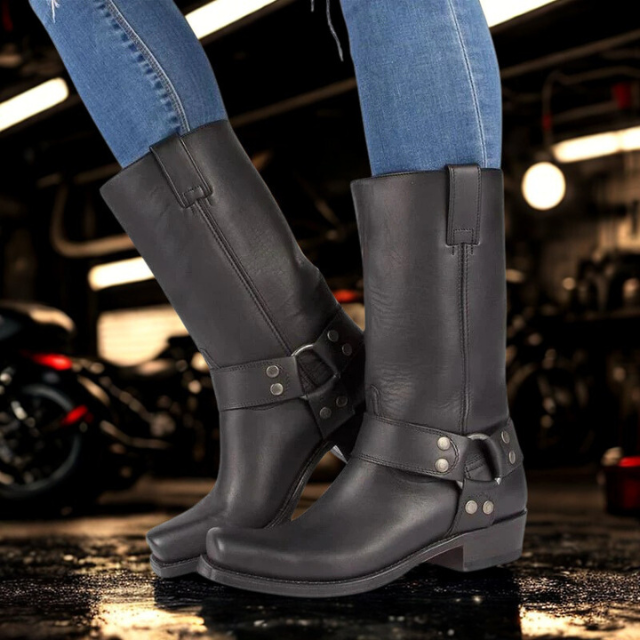 Leather Boots Women Vintage Western Style Low Heel Walking Boots