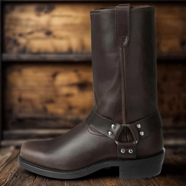 Leather Boots Women Vintage Western Style Low Heel Walking Boots