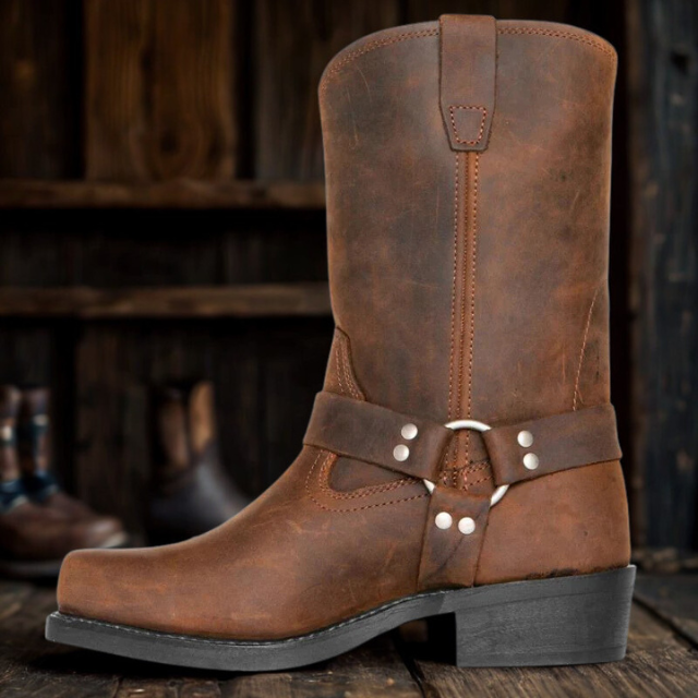 Leather Boots Women Vintage Western Style Low Heel Walking Boots