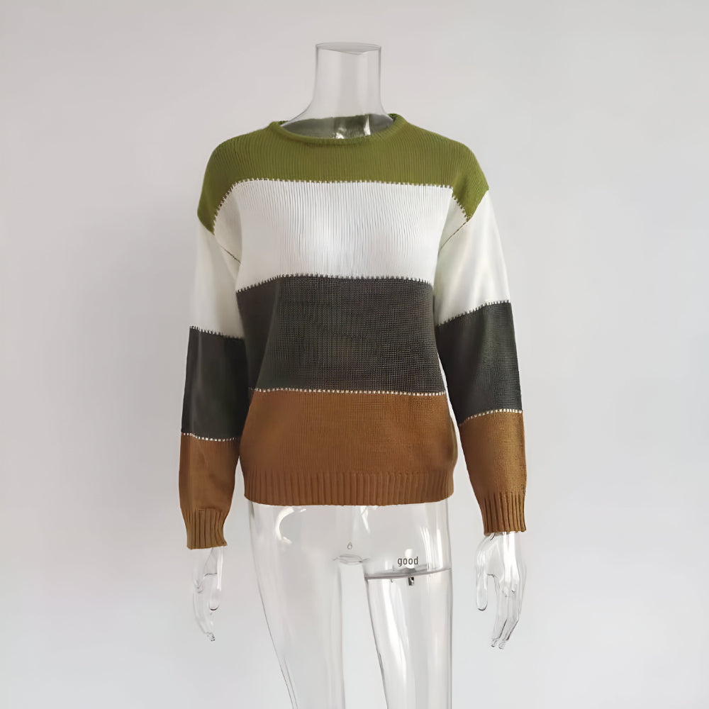 Women's Cozy Relaxed Color Block Knit Sweater Long Sleeve