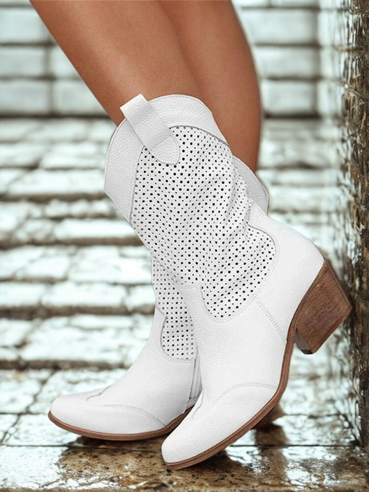 Women Cowboy Boots Low Heel Leather Western Style Ankle Boots