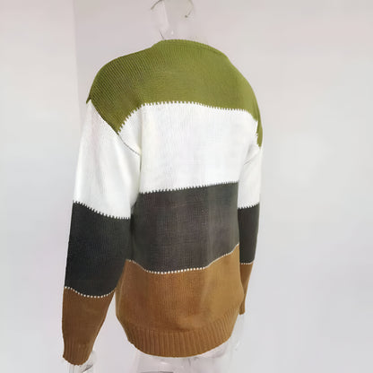 Women's Cozy Relaxed Color Block Knit Sweater Long Sleeve