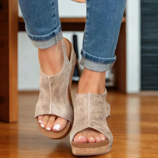 Women's Leather Wedge Sandals with Arch Support Footbed