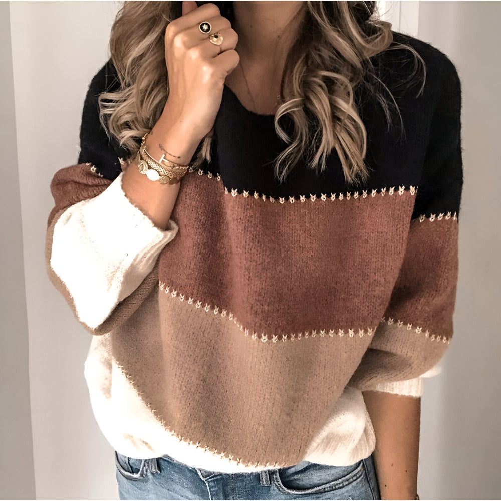 Women's Cozy Relaxed Color Block Knit Sweater Long Sleeve
