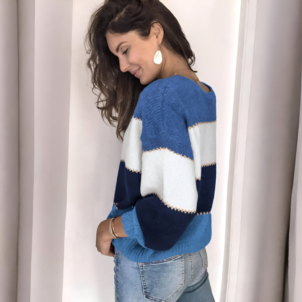 Women's Cozy Relaxed Color Block Knit Sweater Long Sleeve