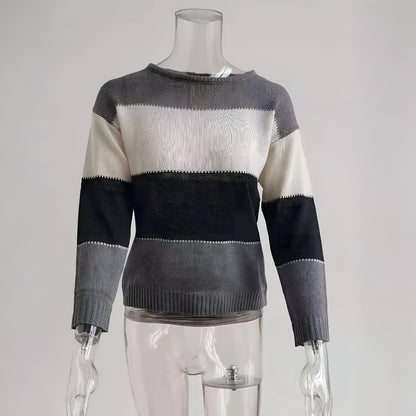 Women's Cozy Relaxed Color Block Knit Sweater Long Sleeve