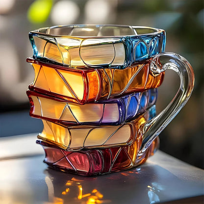 Coffee Mug Glass 3D Book Stack Handmade Drinkware Cup
