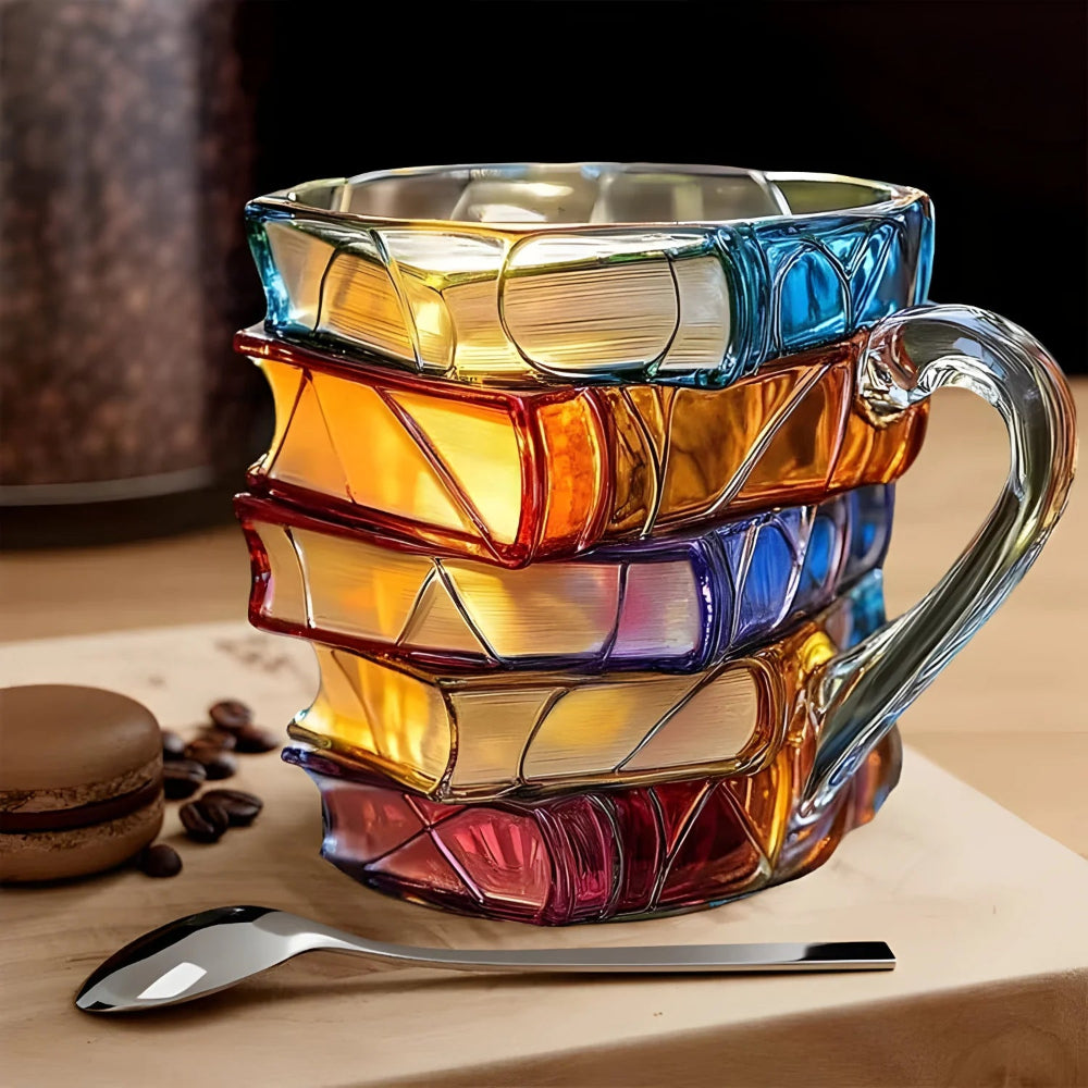 Coffee Mug Glass 3D Book Stack Handmade Drinkware Cup